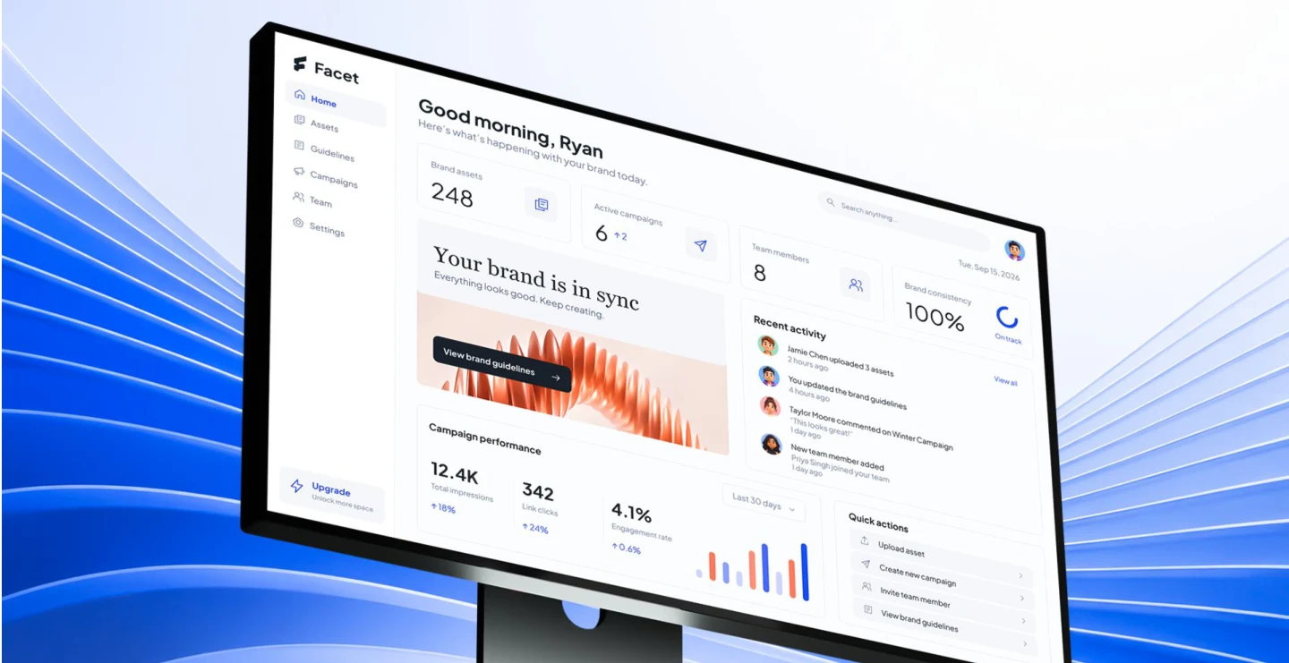 Facet brand management interface presented on a desktop monitor