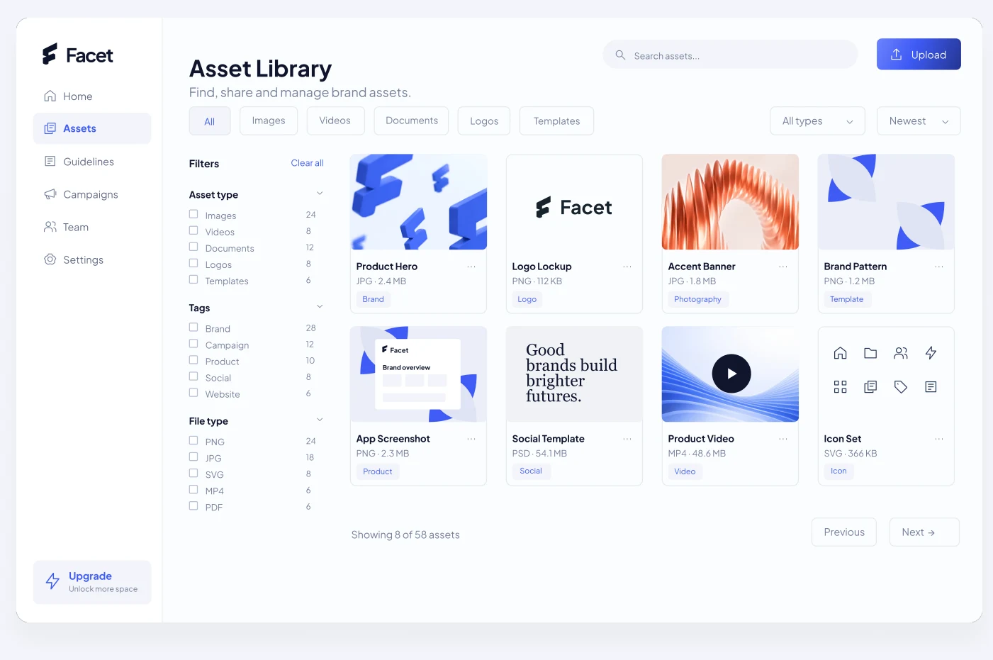Facet asset library with search, file filters, and a grid of brand assets